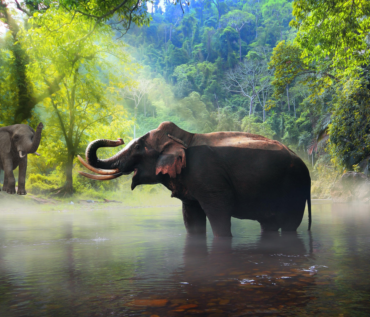 Elephant Fabric Panel: Cotton Quilt Squares, Jungle/Grassland Scenes