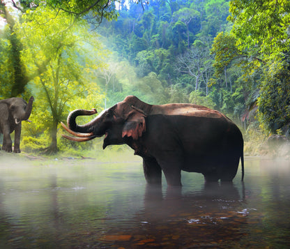 Elephant Fabric Panel: Cotton Quilt Squares, Jungle/Grassland Scenes