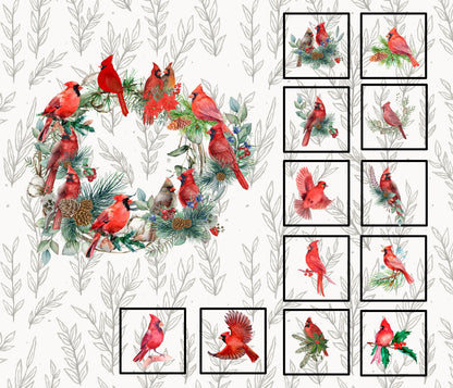 Cardinal Quilt Panel & Blocks: Cotton Christmas Quilt Fabric, Cardinal Wreath Panel, Quilted Coasters, Quilted Hot Pads