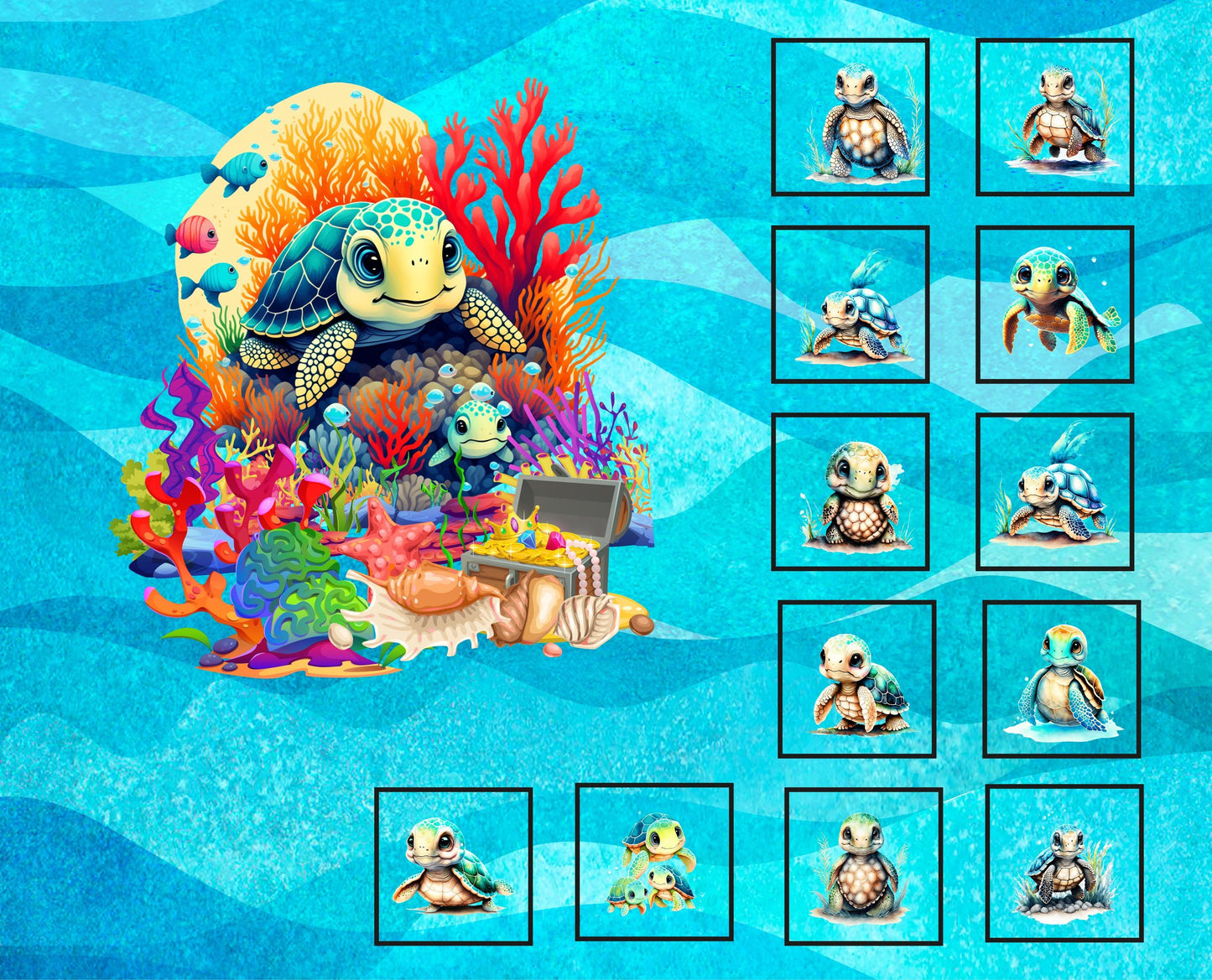 Baby Turtle Quilt Panel & Blocks, Childs Room Wall Art, DIY Fabric Book, Quality Quilt Cotton