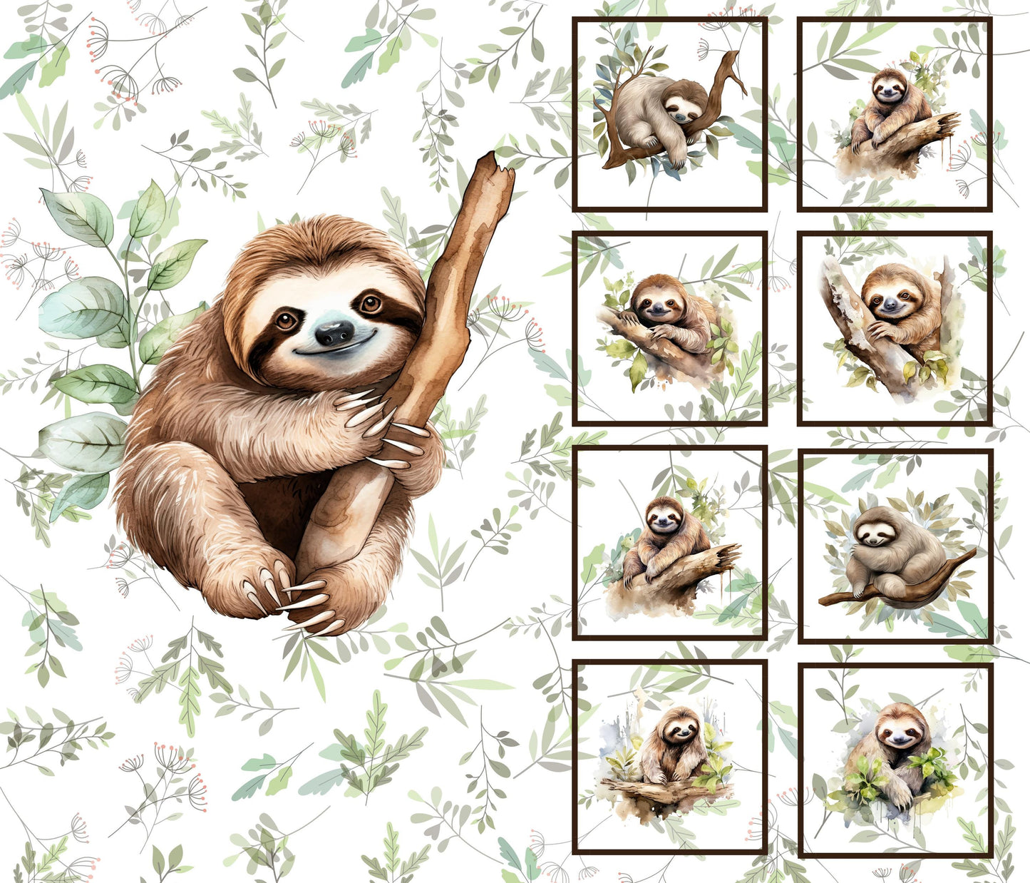 Sloth Quilt Panel and Blocks, Jungle Animal Blocks, Sloth Soft Book, Childs Room Ensemble, Sloth Tote