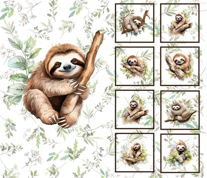 Sloth Quilt Panel and Blocks, Jungle Animal Blocks, Sloth Soft Book, Childs Room Ensemble, Sloth Tote