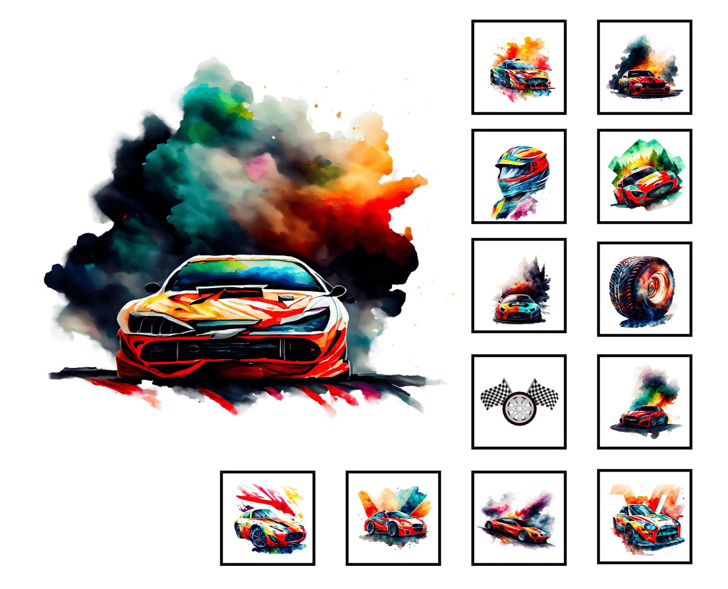 Colorful Racing cars some with a trail of colorful smoke. The background is white.