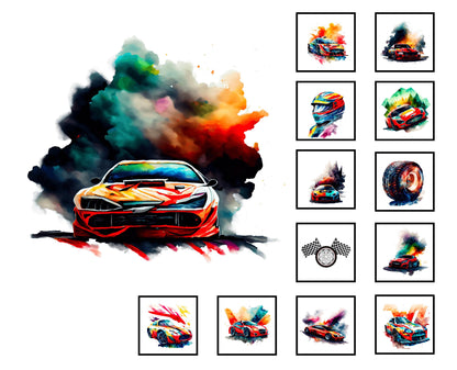 Colorful Racing cars some with a trail of colorful smoke. The background is white.