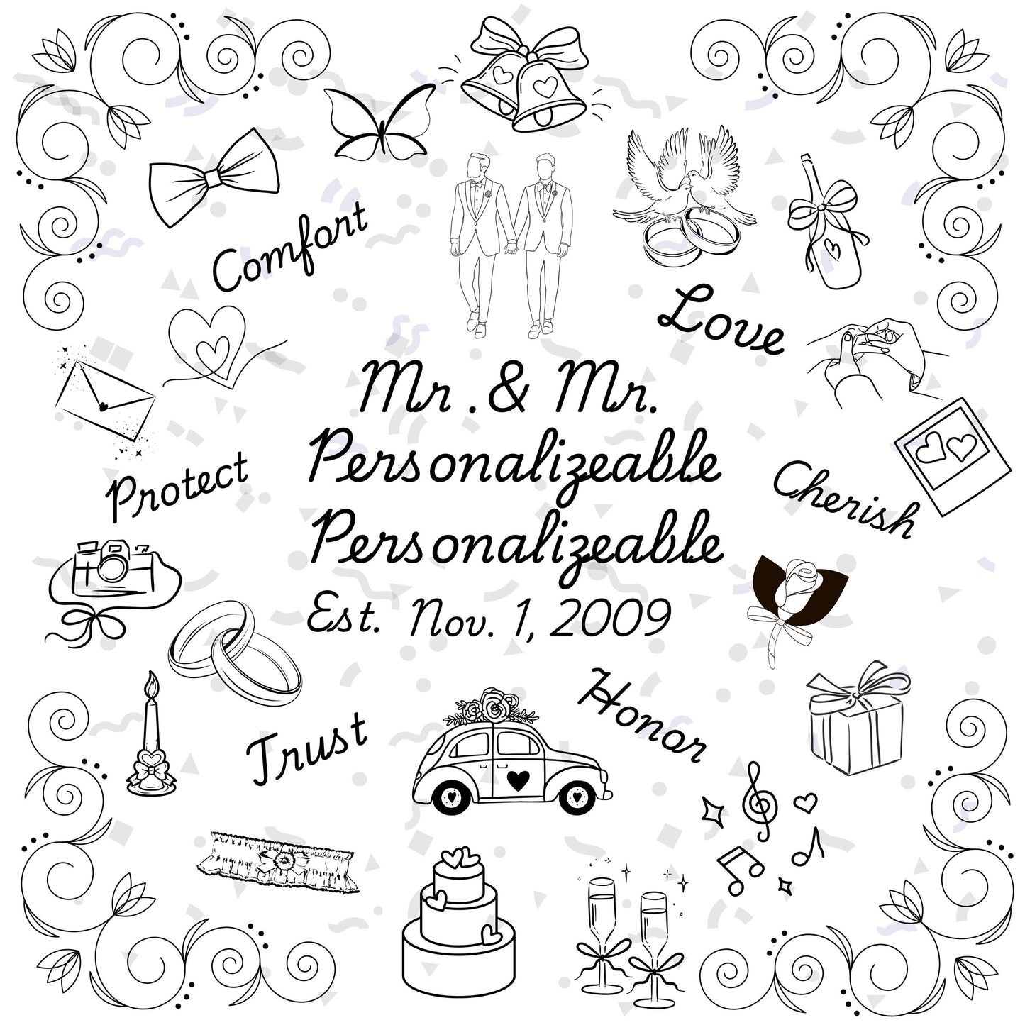 Personalized Wedding Quilt Panel: Mr. & Mrs. Cotton Fabric, Multi-Gender