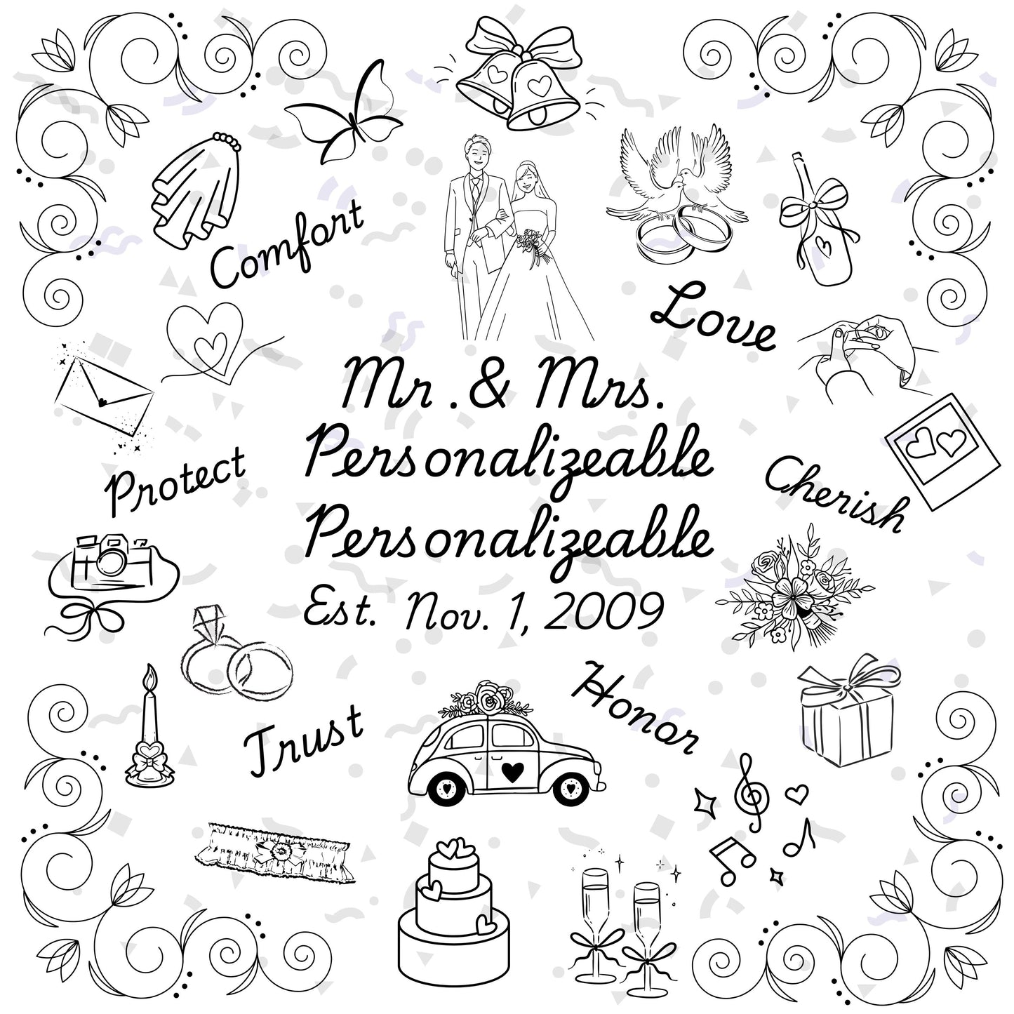 Personalized Wedding Quilt Panel: Mr. & Mrs. Cotton Fabric, Multi-Gender