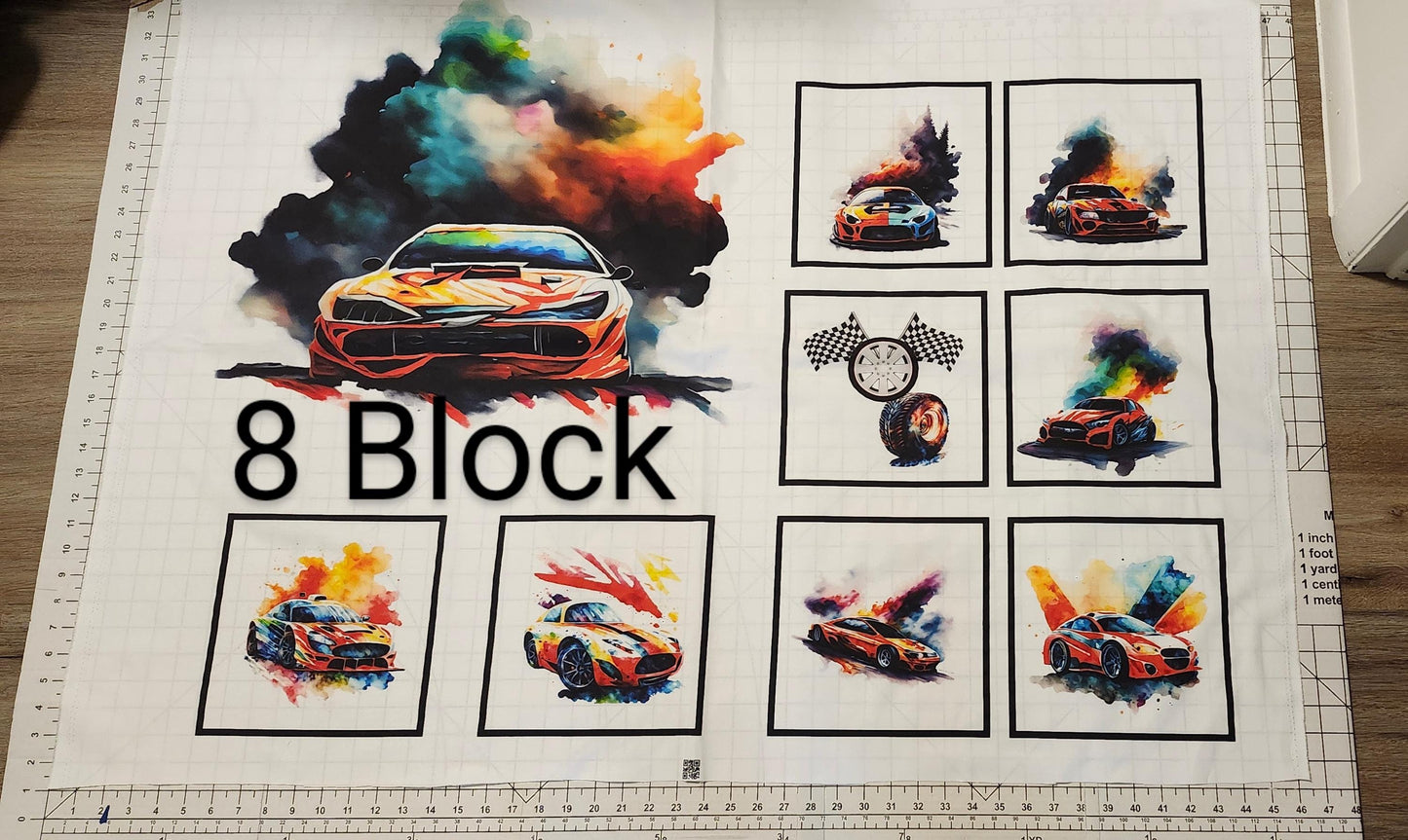 Racing Cars Quilt Panel: Colorful Blocks,  Cotton Fabric, Race Quilt Panel
