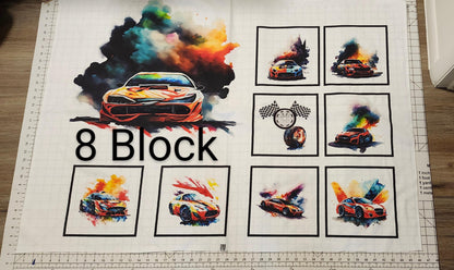 Racing Cars Quilt Panel: Colorful Blocks,  Cotton Fabric, Race Quilt Panel