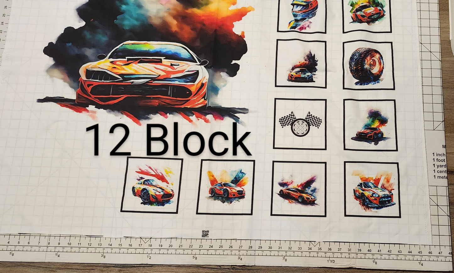 Racing Cars Quilt Panel: Colorful Blocks,  Cotton Fabric, Race Quilt Panel