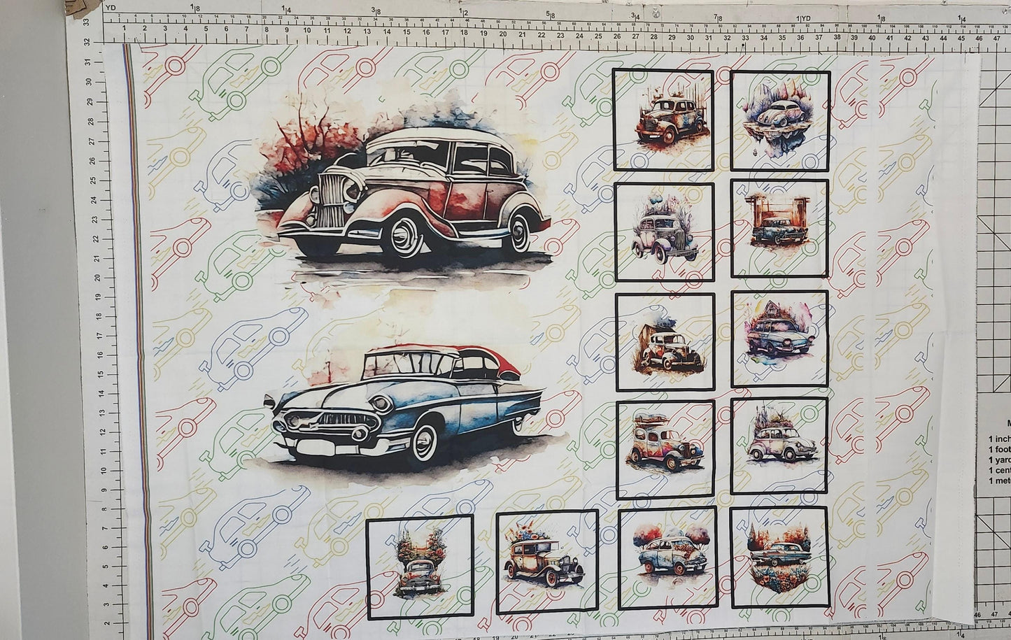 Vintage Cars Fabric Panel and Block Combo, DIY Quilt Blocks, Cotton Quilting Fabric, Car Quilt
