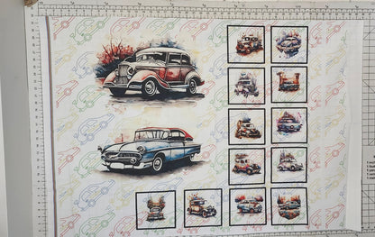 Vintage Cars Fabric Panel and Block Combo, DIY Quilt Blocks, Cotton Quilting Fabric, Car Quilt