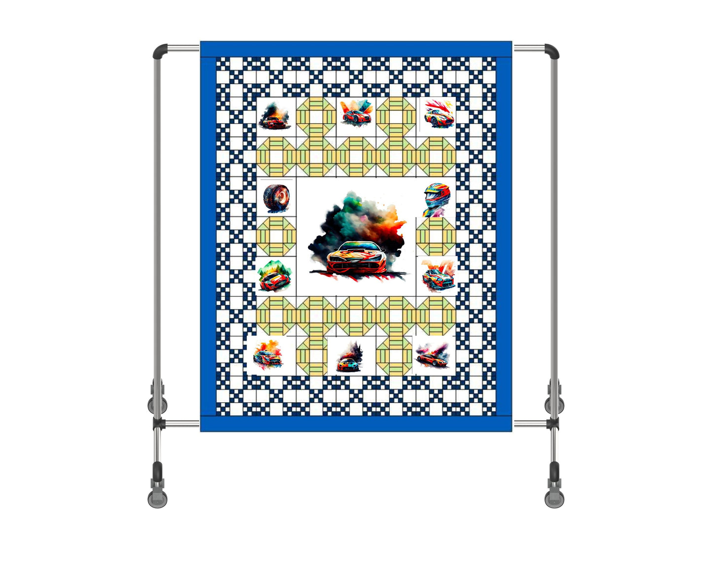 Racing Cars Quilt Panel: Colorful Blocks,  Cotton Fabric, Race Quilt Panel