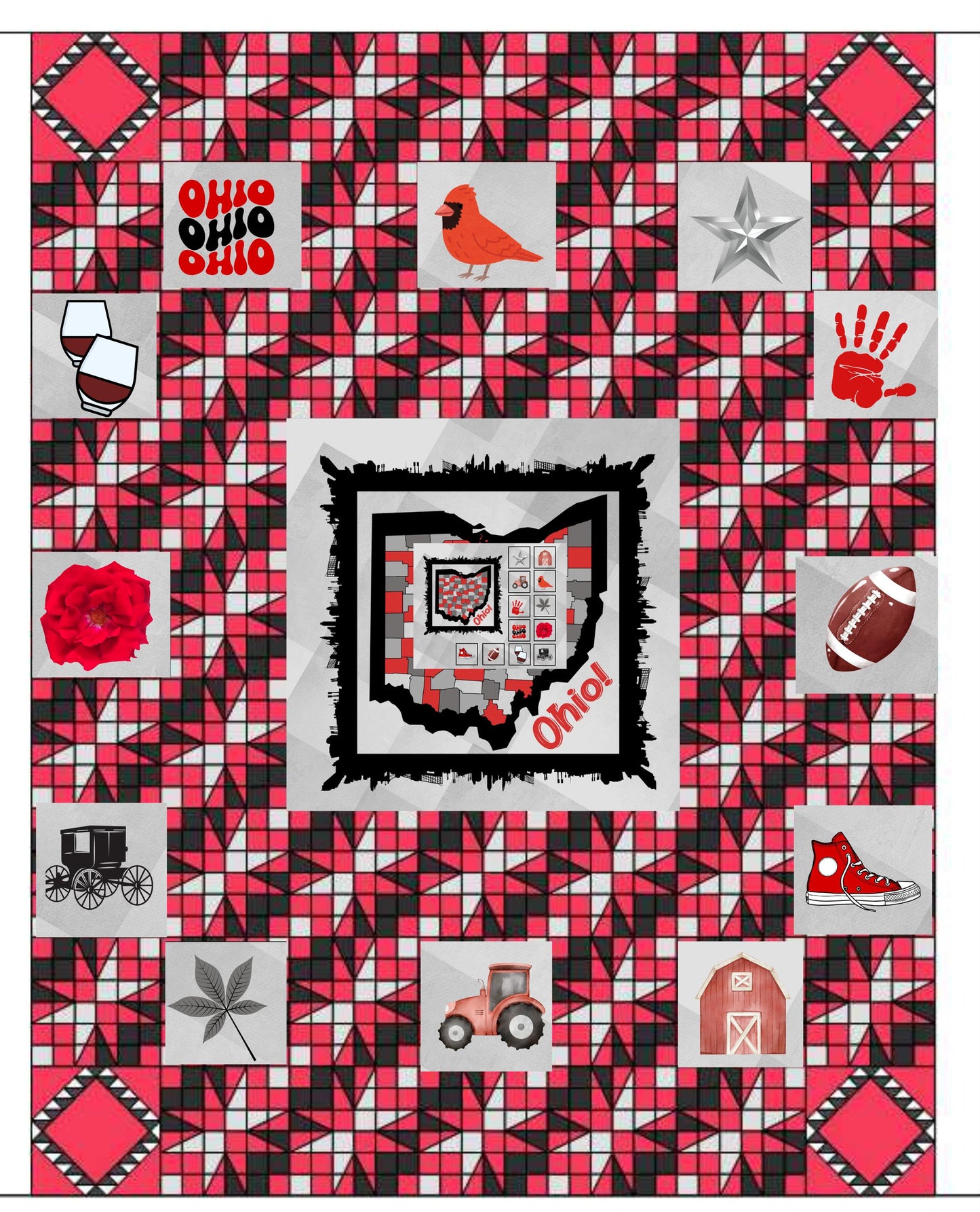 Ohio Quilt Panel & Blocks:  Cotton Beginner Quilt Fabric, Ohio Map Quilt Panel