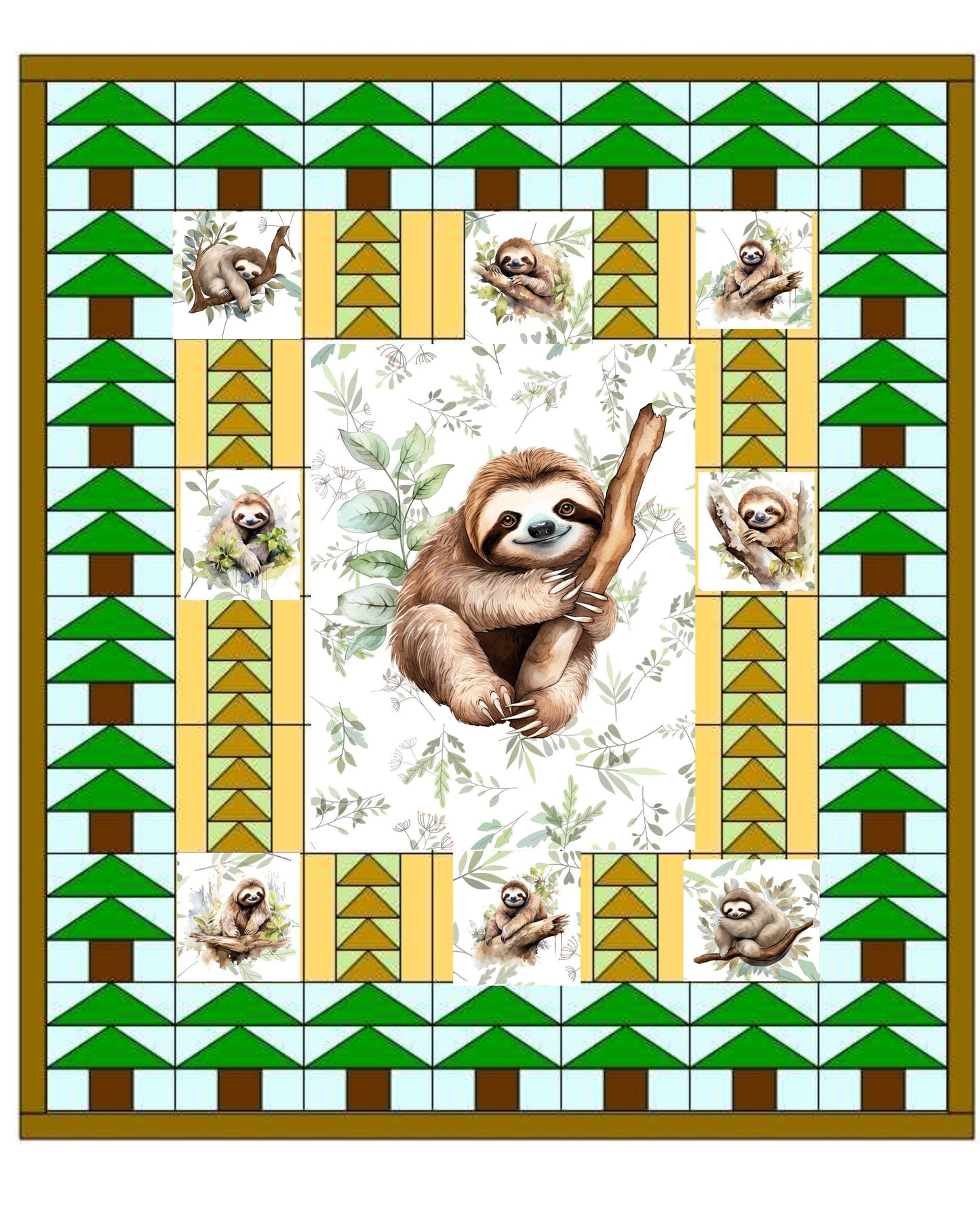 Sloth Quilt Panel and Blocks, Jungle Animal Blocks, Sloth Soft Book, Childs Room Ensemble, Sloth Tote