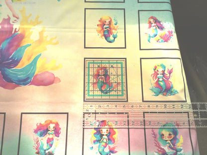 Mermaid Quilt Panel and Blocks, Cotton Fabric 34" x 42"