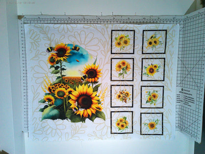 Sunflower & Bees Quilt Panel, Cotton DIY Fabric Blocks, Sunflower Quilt