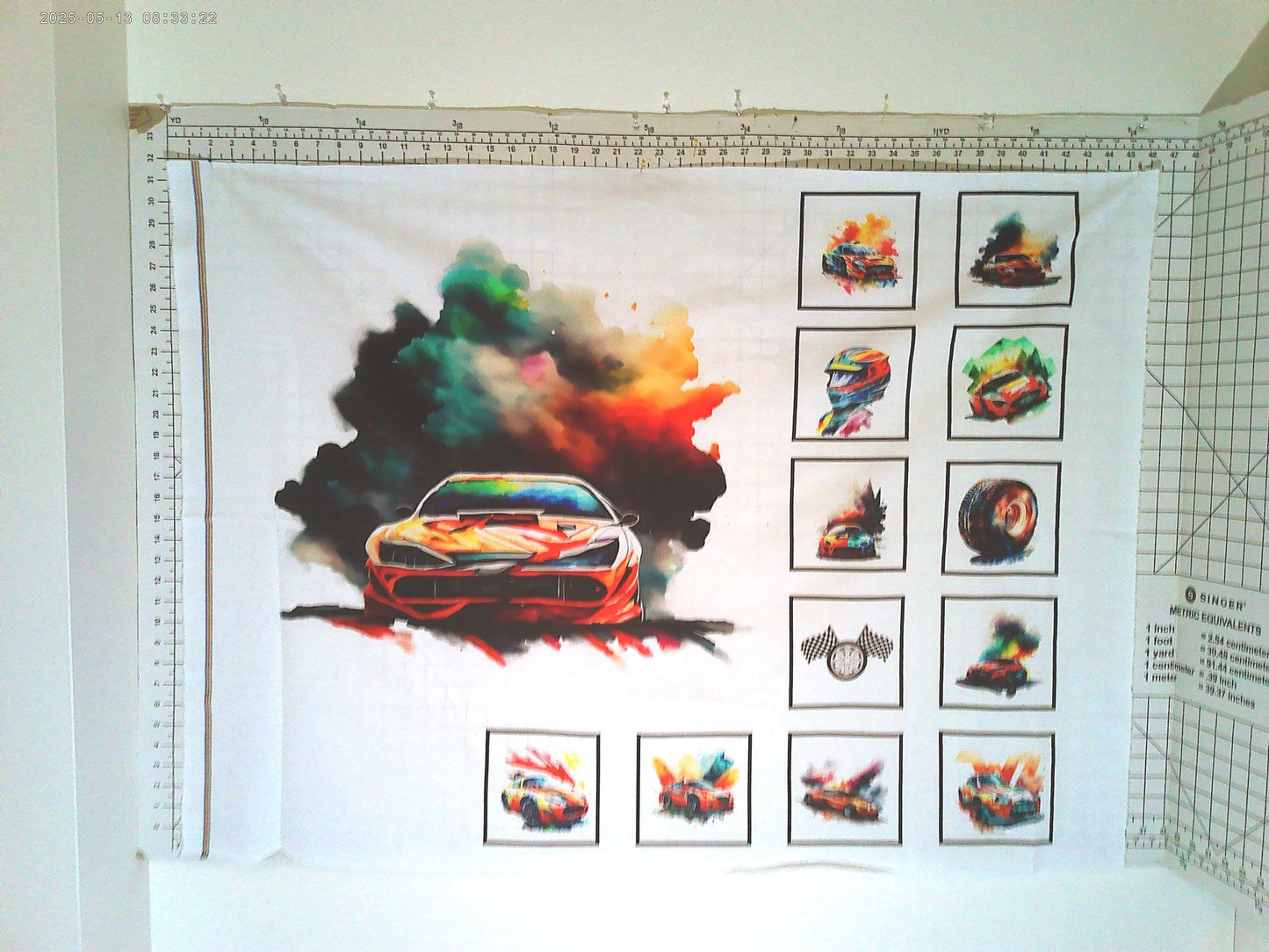 Racing Cars Quilt Panel: Colorful Blocks,  Cotton Fabric, Race Quilt Panel