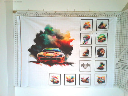 Racing Cars Quilt Panel: Colorful Blocks,  Cotton Fabric, Race Quilt Panel