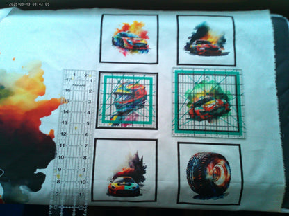 Racing Cars Quilt Panel: Colorful Blocks,  Cotton Fabric, Race Quilt Panel