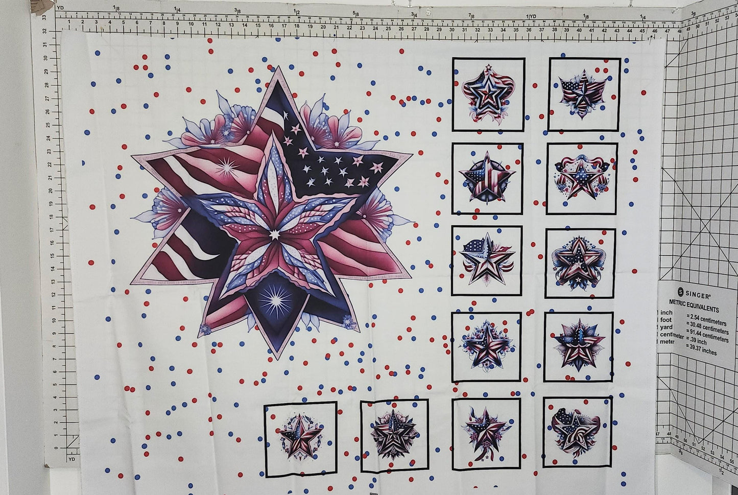 Patriotic Star Quilt Panel and Blocks, Cotton Fabric,