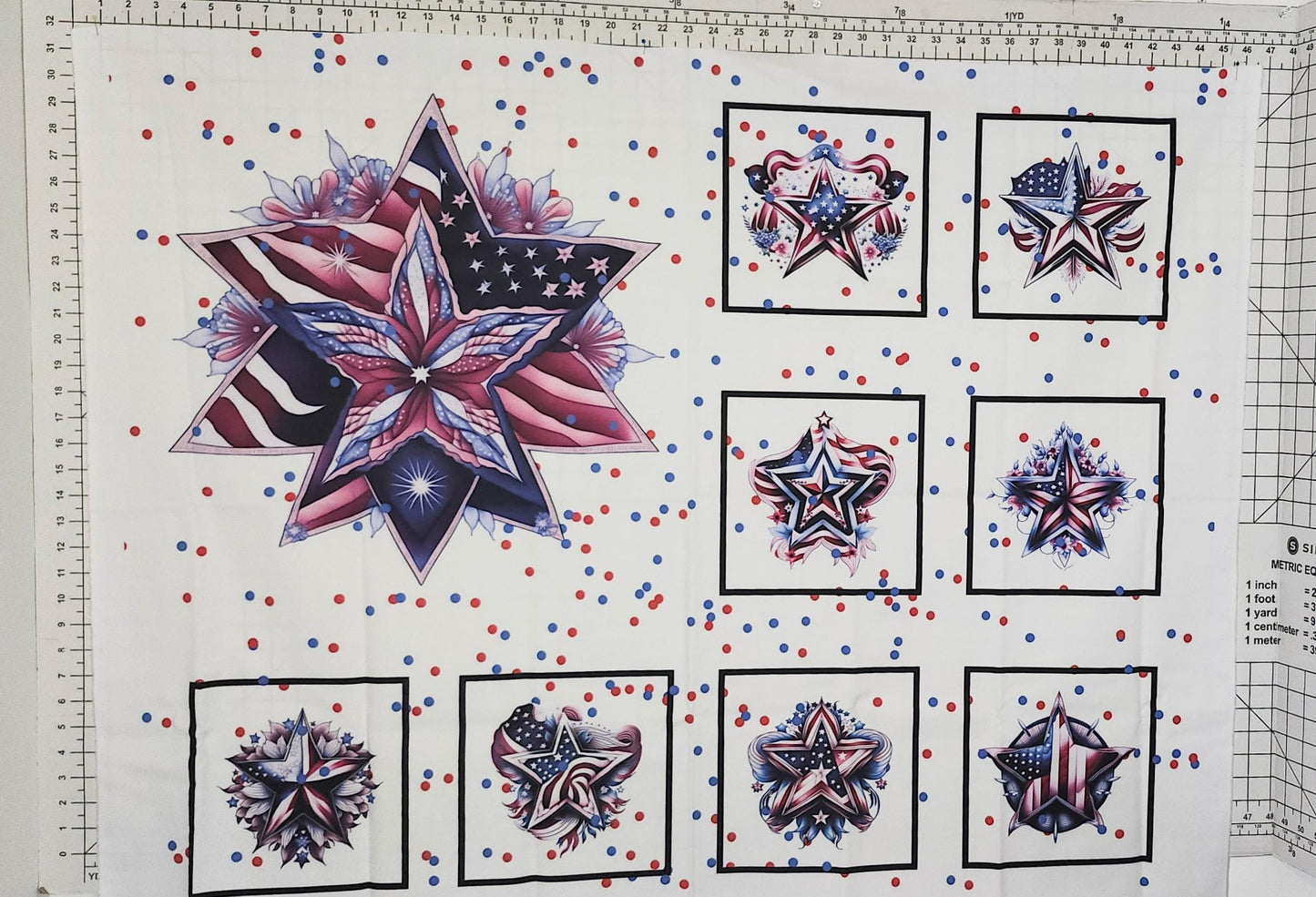 Patriotic Star Quilt Panel and Blocks, Cotton Fabric,