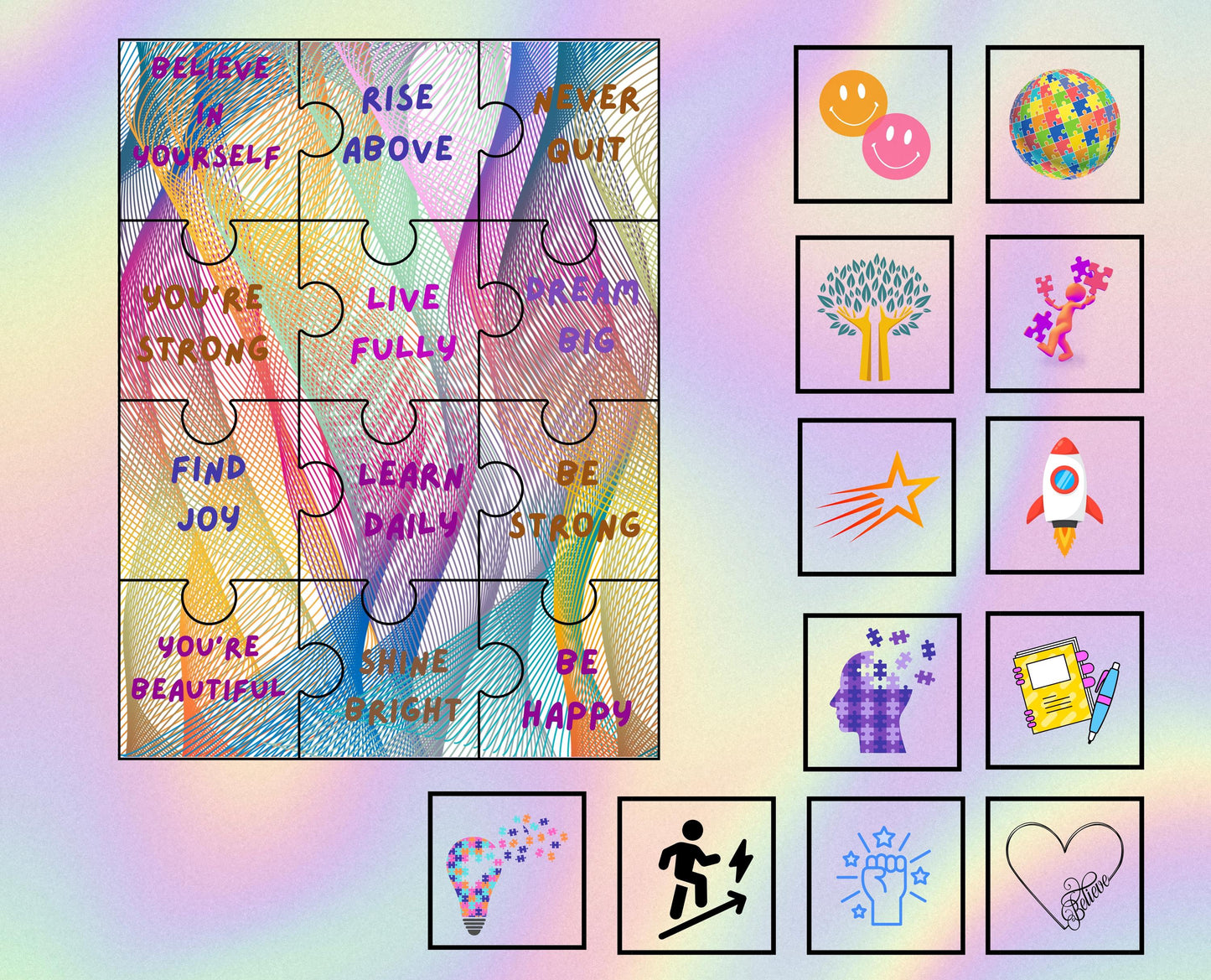 Motivational Quilt Panel, Cotton Puzzle Blocks, Rainbow Fabric