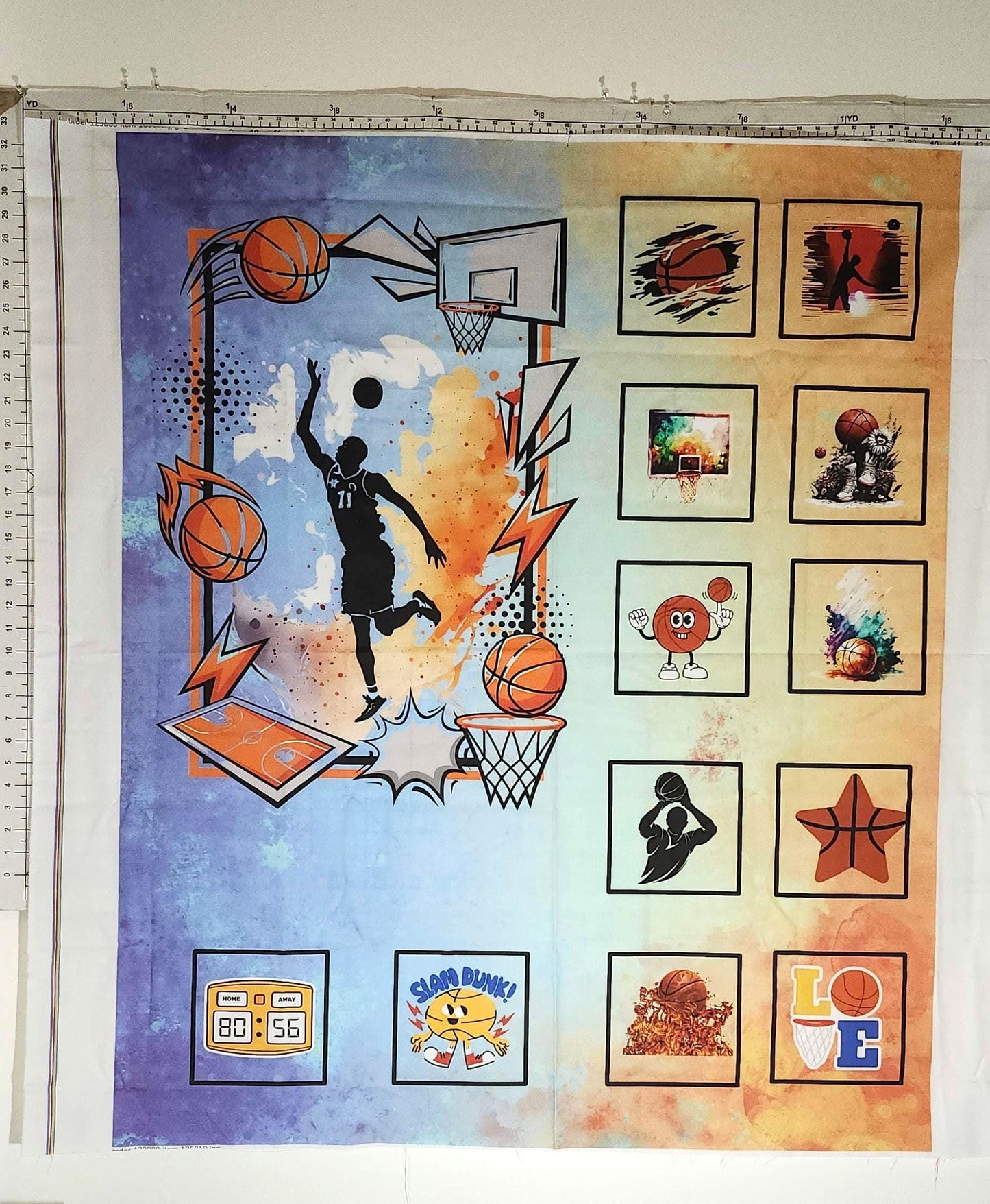 Basketball Quilt Panel & Blocks, Quality Quilt Cotton Fabric, 3 Color Basketball Fabric, Boys Room Wall Art, Quilt For Men