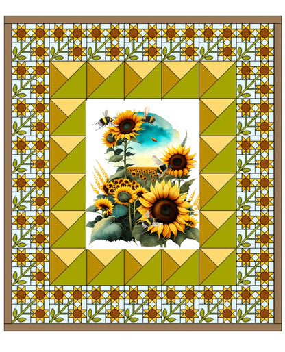 Sunflower & Bees Quilt Panel, Cotton DIY Fabric Blocks, Sunflower Quilt