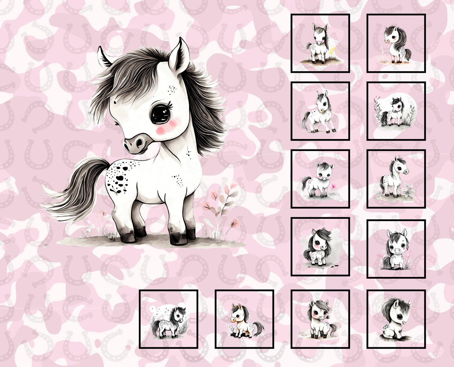 Pink Camo Baby Horse Quilt Panel and Block Combo, Cotton Fabric, Baby Shower