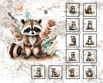 Raccoon Quilt Panel with Blocks: Easy Baby Quilt Project, Childs Soft Book, Childs Room Ensemble