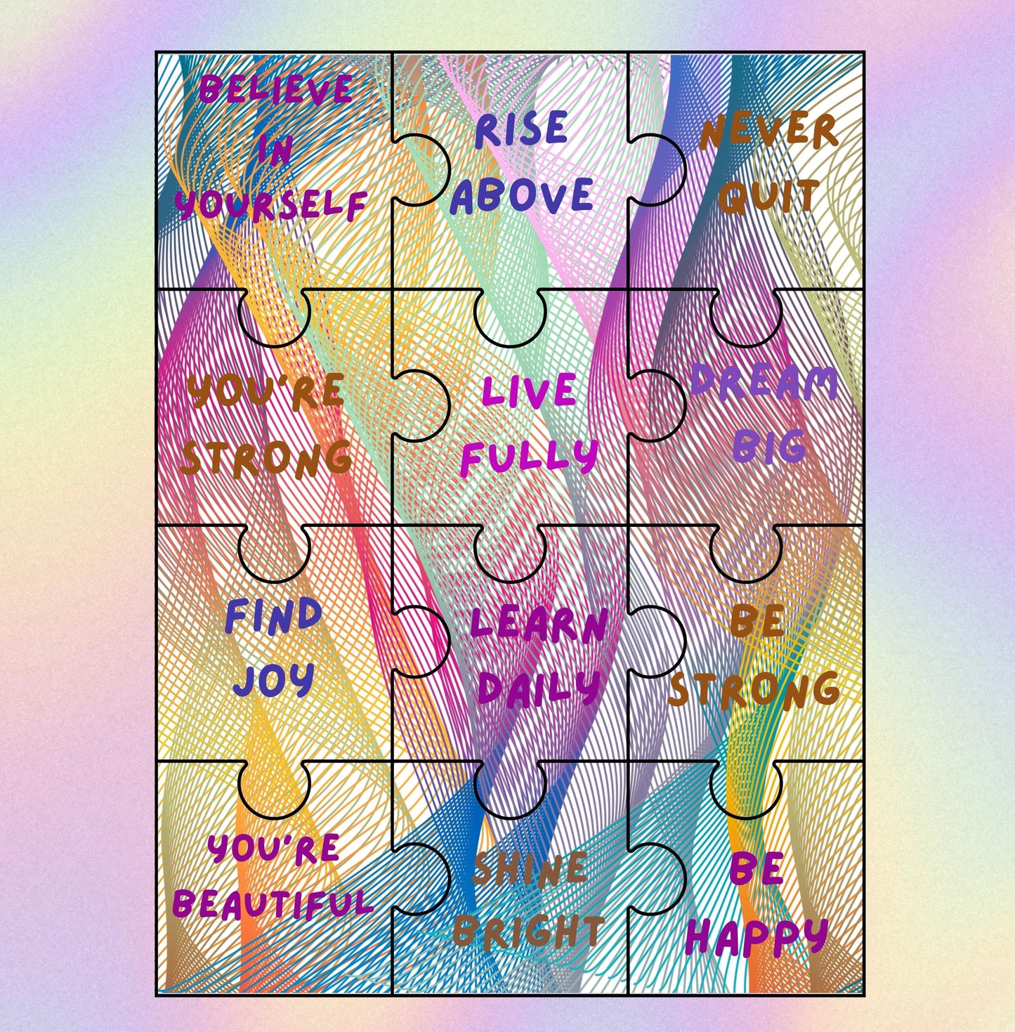 Motivational Quilt Panel, Cotton Puzzle Blocks, Rainbow Fabric