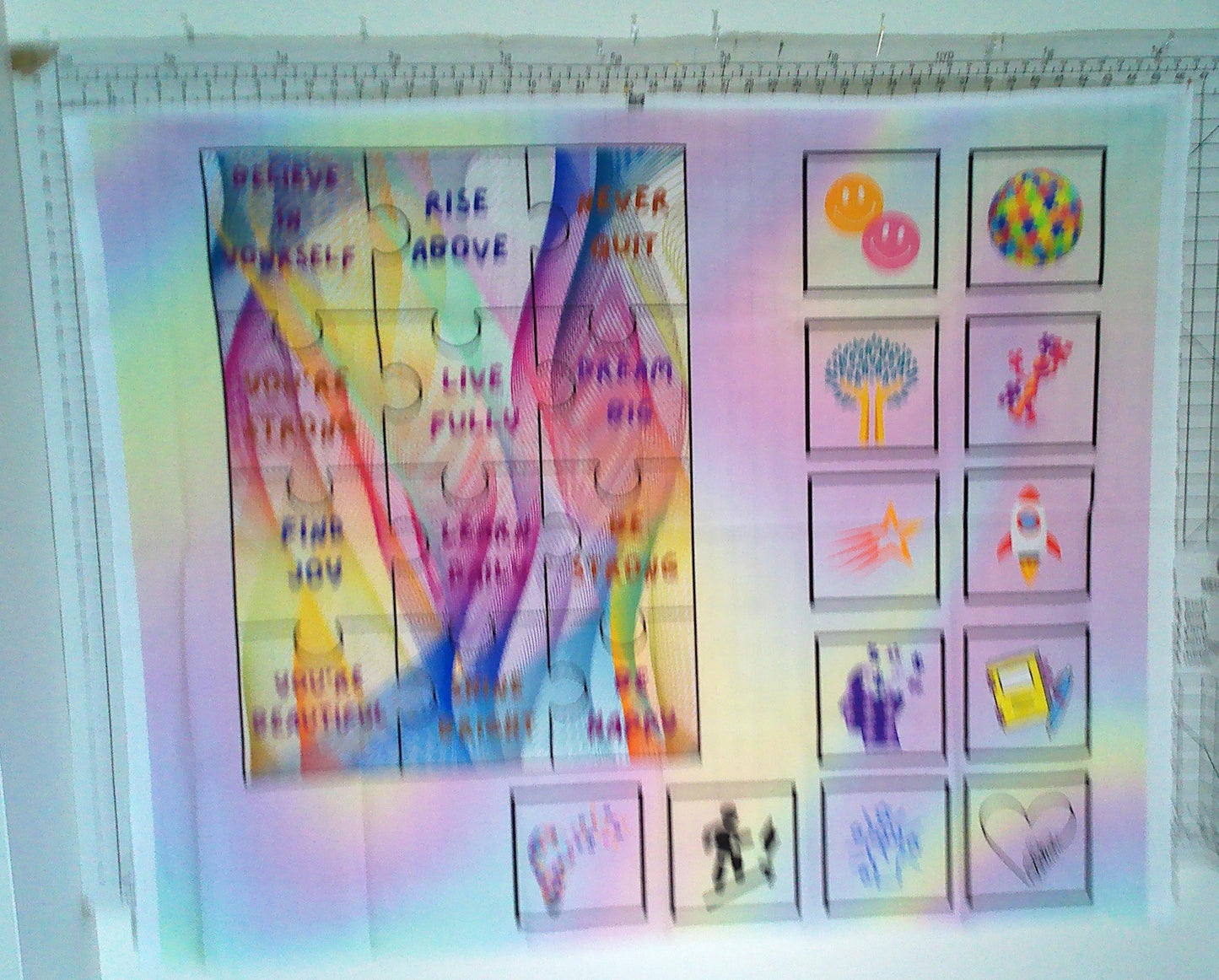 Motivational Quilt Panel, Cotton Puzzle Blocks, Rainbow Fabric