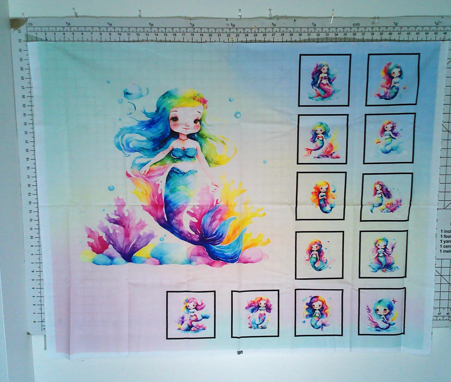 Mermaid Quilt Panel and Blocks, Cotton Fabric 34" x 42"