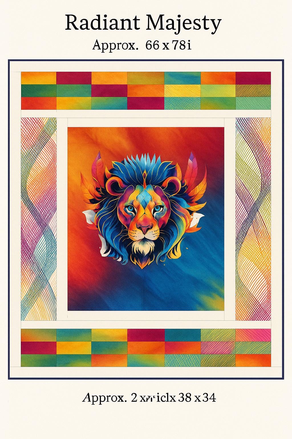 Lion Quilt Fabric Panel, Cotton Art Quilt, Colorful Lion