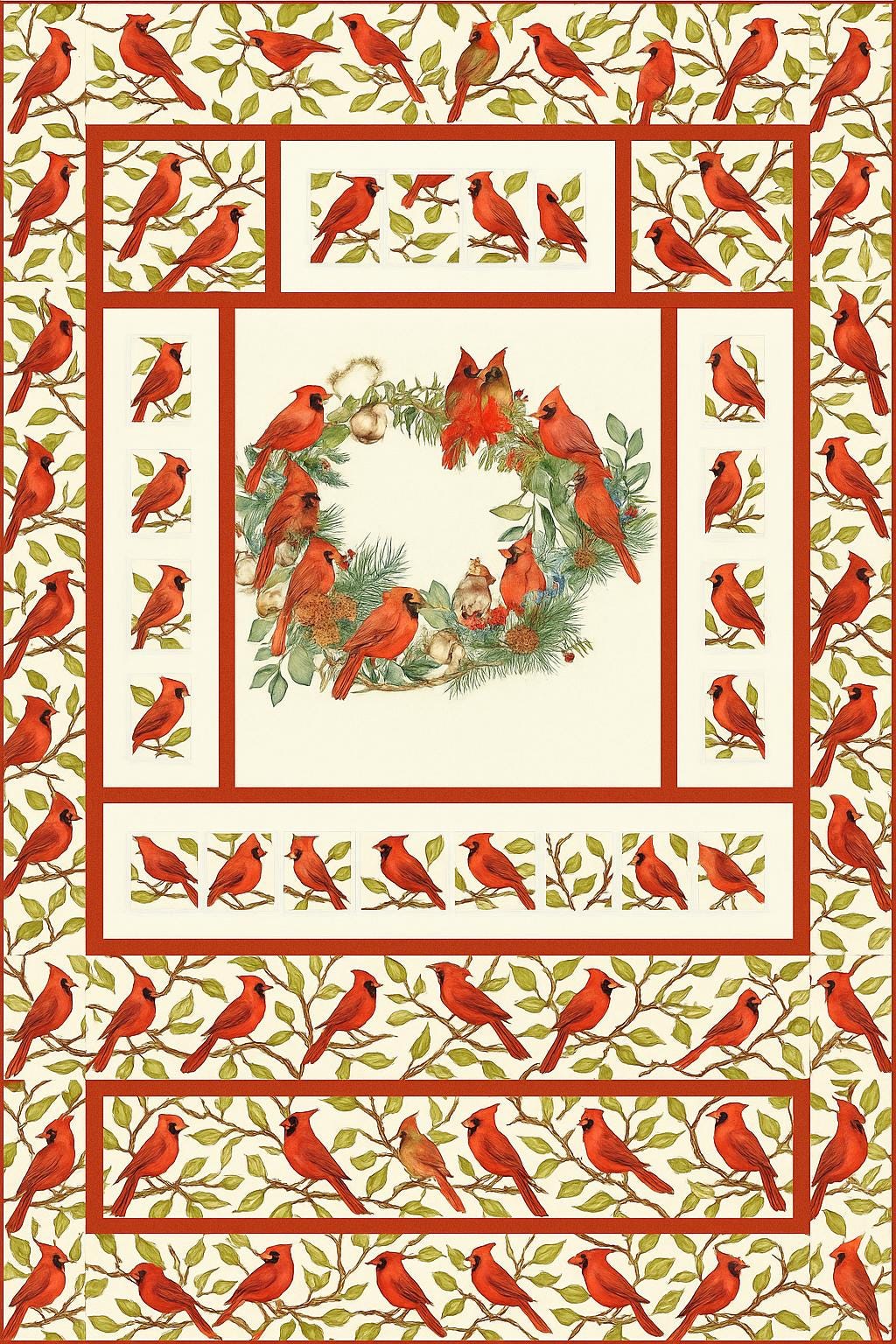 Cardinal Quilt Panel & Blocks: Cotton Christmas Quilt Fabric, Cardinal Wreath Panel, Quilted Coasters, Quilted Hot Pads