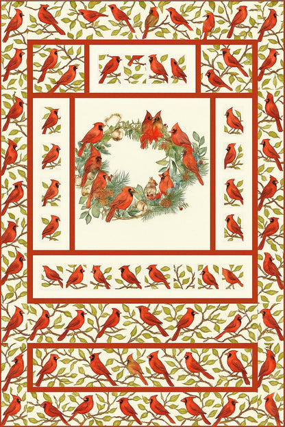 Cardinal Quilt Panel & Blocks: Cotton Christmas Quilt Fabric, Cardinal Wreath Panel, Quilted Coasters, Quilted Hot Pads