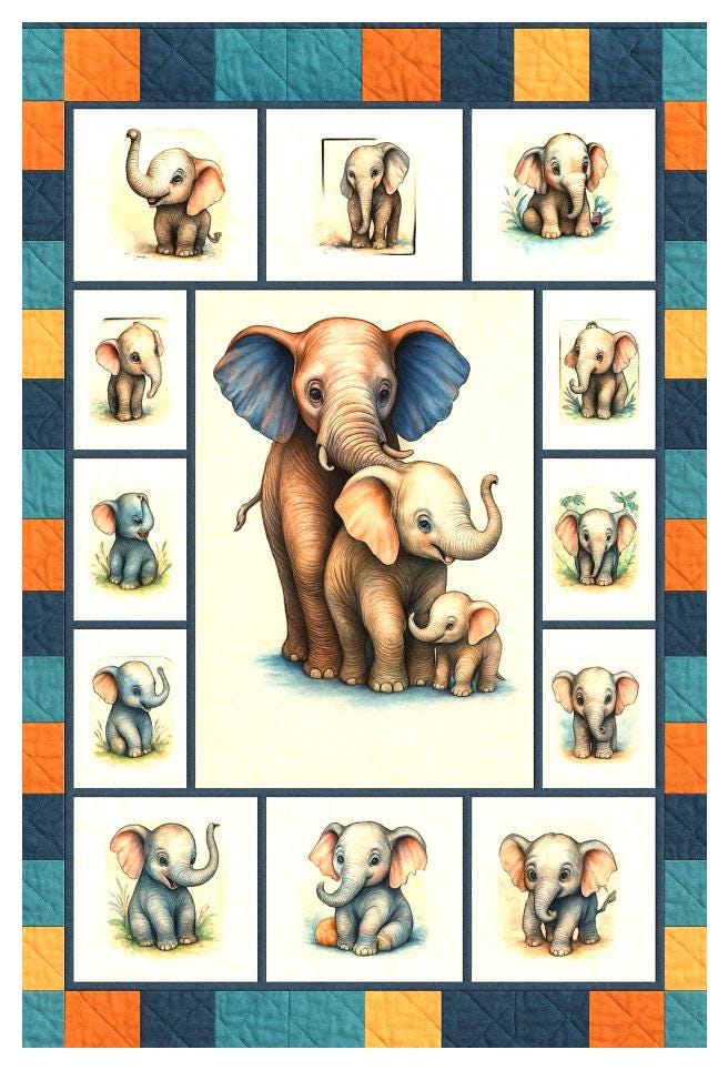 Baby Elephant Quilt Panel & Blocks, Cotton Quilt Fabric - Easy Quilt Project, Childs Room Wall Art, Fabric Book, Elephant Room Ensemble