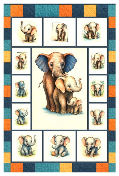 Baby Elephant Quilt Panel & Blocks, Cotton Quilt Fabric - Easy Quilt Project, Childs Room Wall Art, Fabric Book, Elephant Room Ensemble