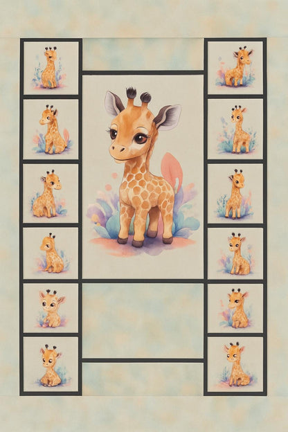 Baby Giraffe Quilt Panel & Blocks,  Easy Quilt, Nursery Wall Art, Soft Fabric Book, Quality Quilt Cotton, Giraffe Room Ensemble