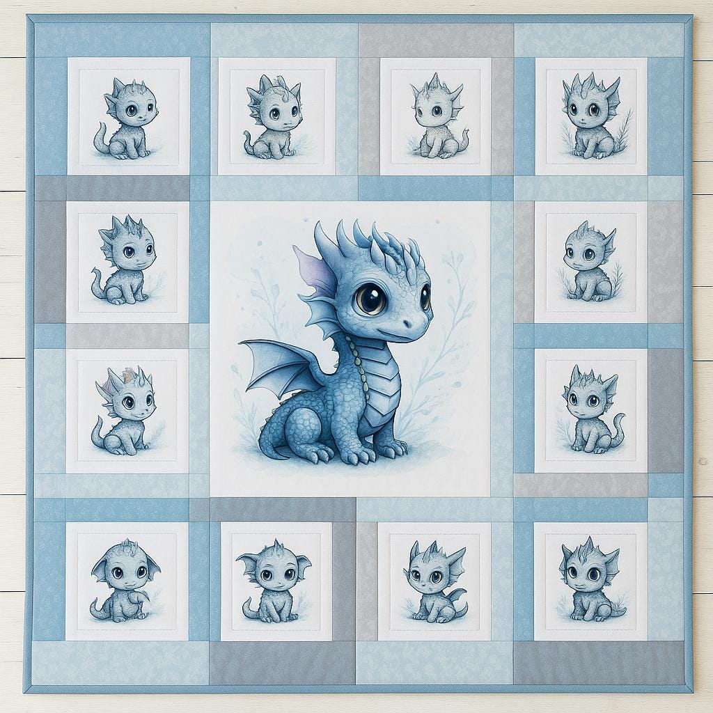 Baby Boy Dragon Quilt Panel & Blocks, Quilt Cotton Fabric, DIY Quilt, Nursery Wall Art, DIY Fabric Book