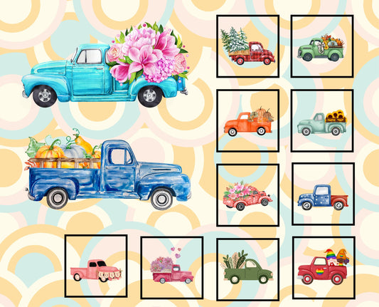 Retro Pickup Truck Quilt Panel: Seasonal Blocks, Cotton Fabric