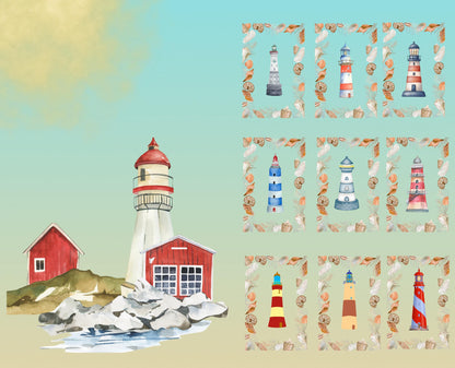 Lighthouse Quilt Panel & Blocks: Sea Shell Border, Lighthouse Quilt Blocks