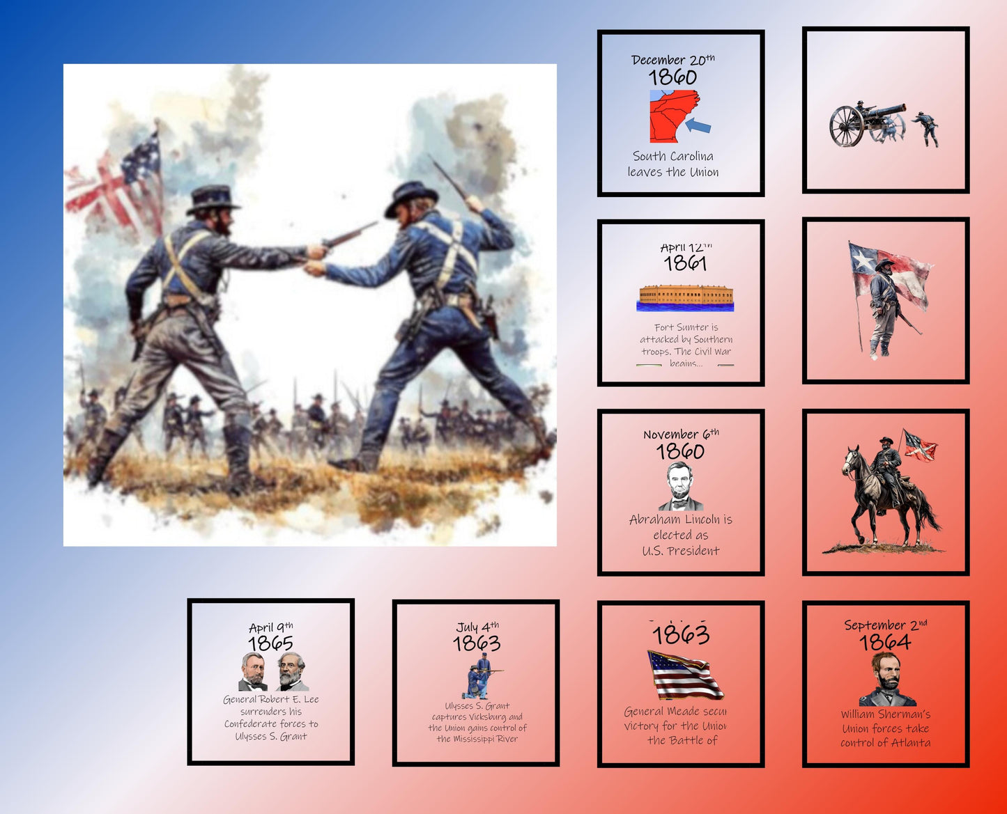 Watercolor Civil War Quilt Panel & Blocks: Cotton Fabric 36"x44"