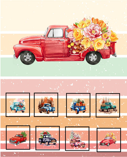 Retro Pickup Truck Quilt Panel, Cotton Blocks, Quilt In A Day