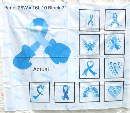 Cancer Quilt Panel & Blocks in Blue, Quality Quilt Cotton Fabric, Blue Cancer Ribbon