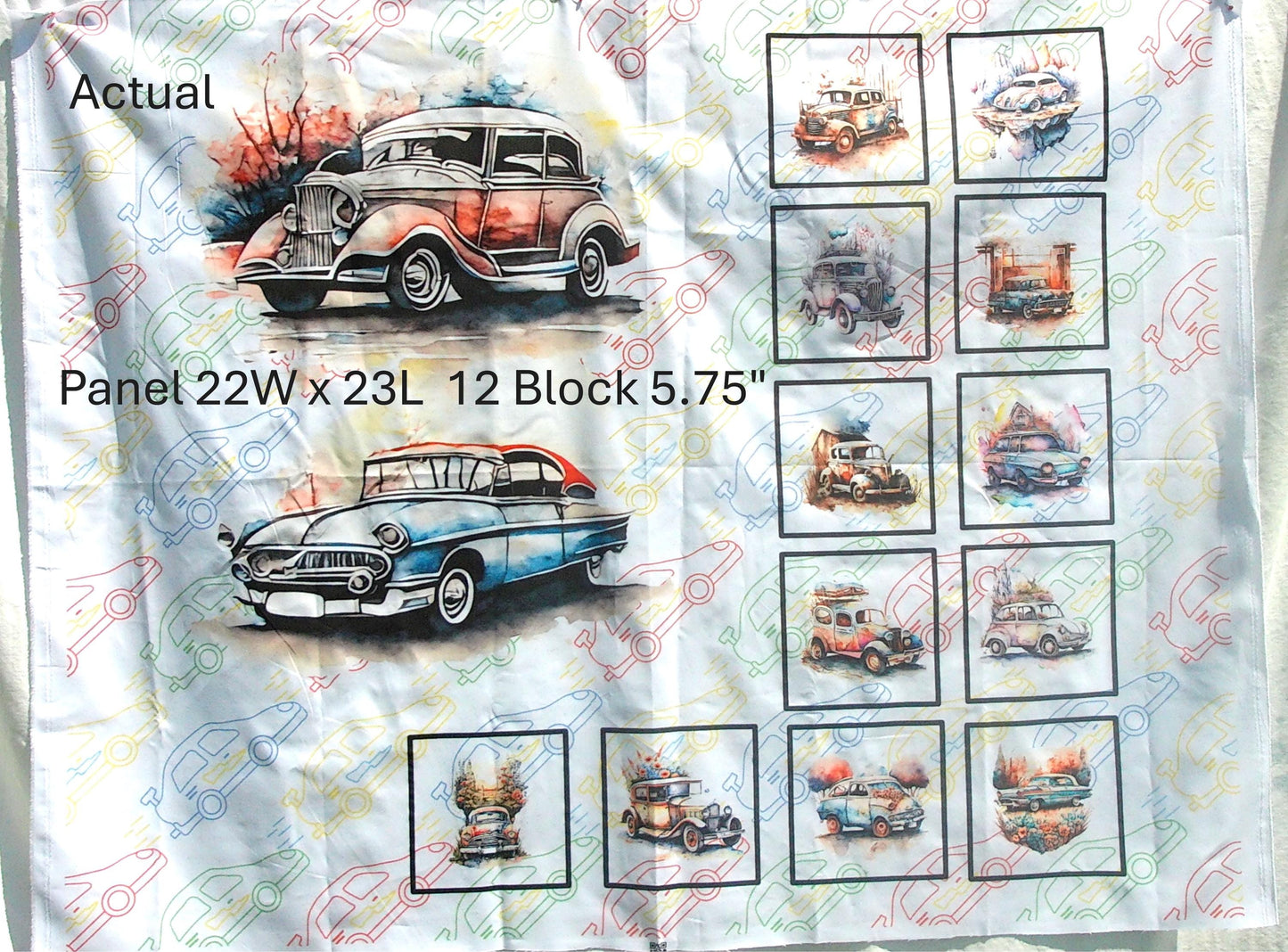 Vintage Cars Fabric Panel and Block Combo, DIY Quilt Blocks, Cotton Quilting Fabric, Car Quilt