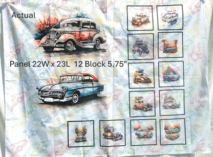 Vintage Cars Fabric Panel and Block Combo, DIY Quilt Blocks, Cotton Quilting Fabric, Car Quilt