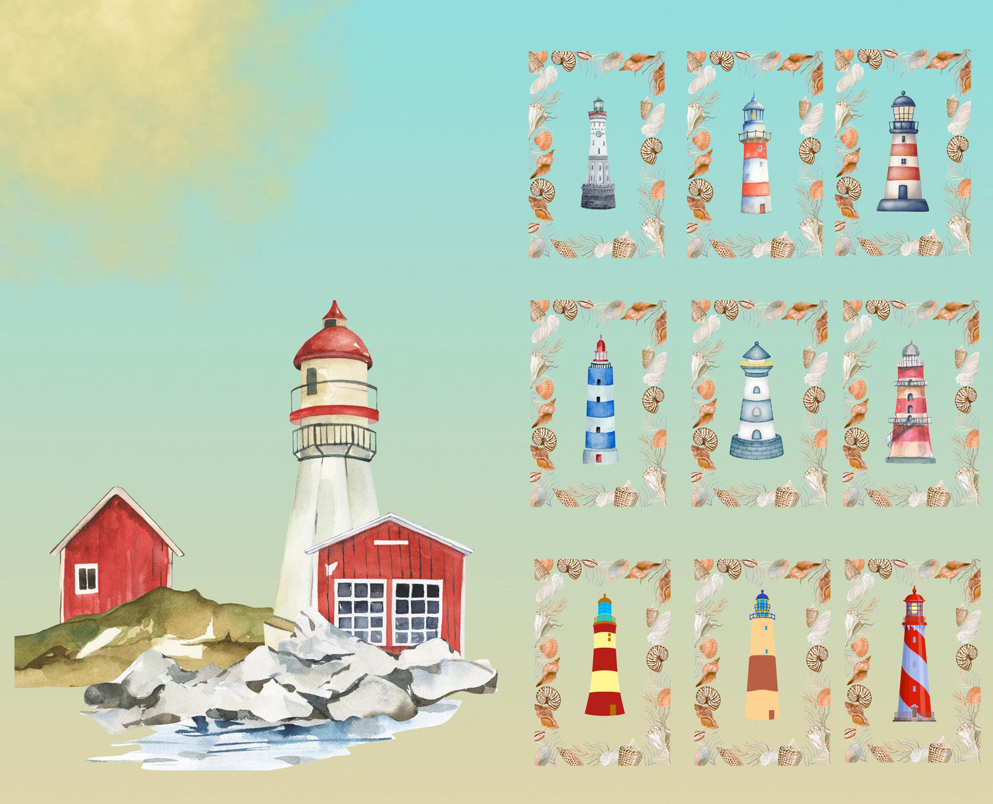Lighthouse Quilt Panel & Blocks: Sea Shell Border, Lighthouse Quilt Blocks
