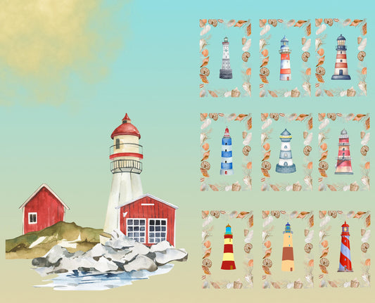 Lighthouse Quilt Panel & Blocks: Sea Shell Border, Lighthouse Quilt Blocks
