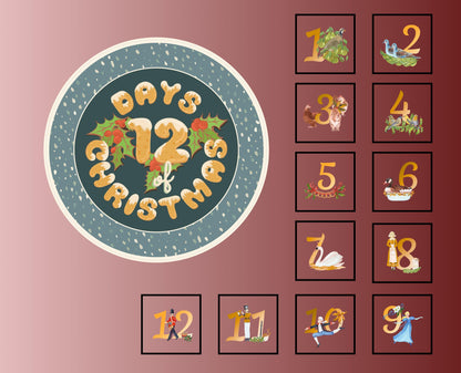 12 Days of Christmas Quilt Panel & Blocks, Quality Quilt Cotton Fabric 34" x 42", Christmas Quilt Panel